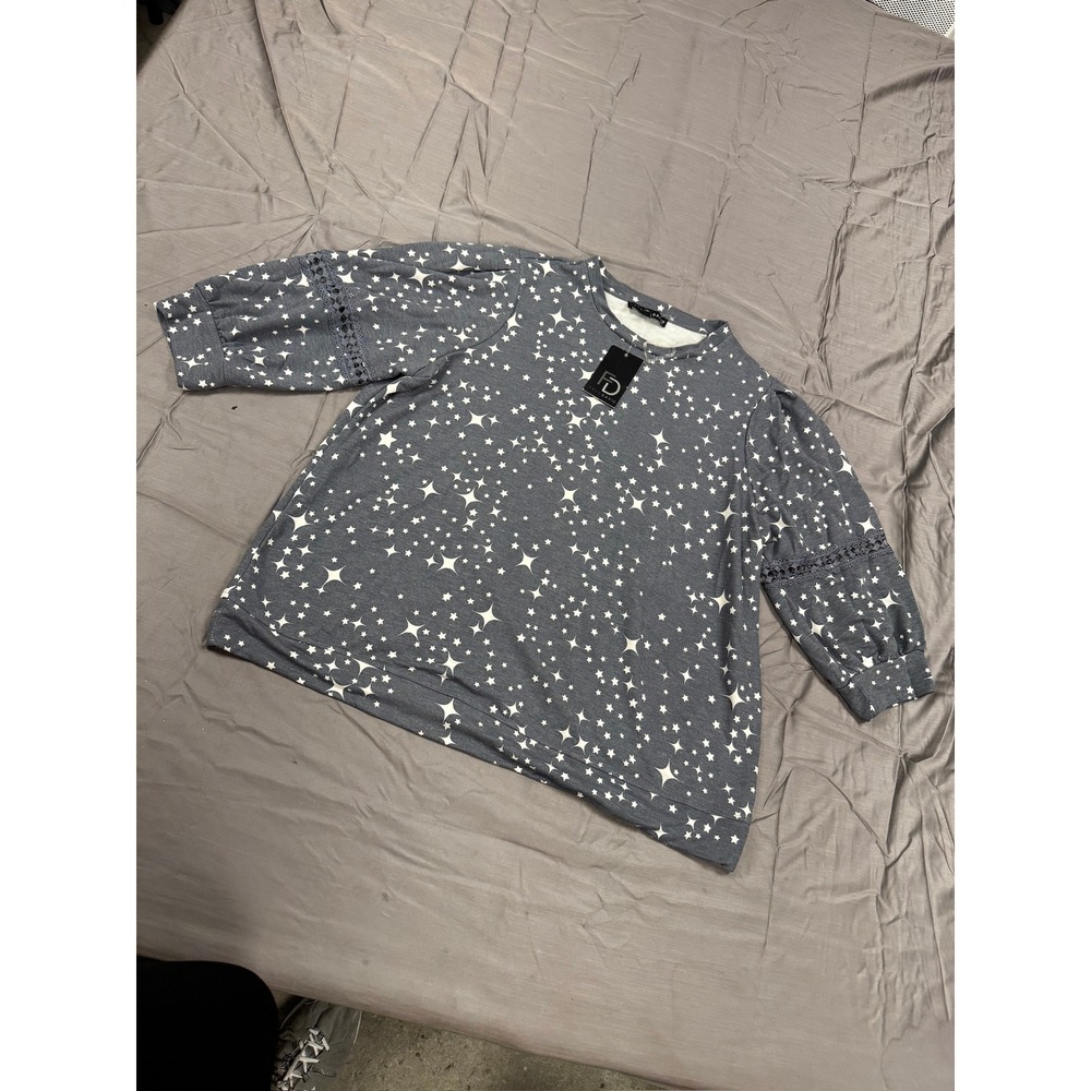 Fred David Womens Star Print Puff Sleeve Top Blue Gray 1X NWT